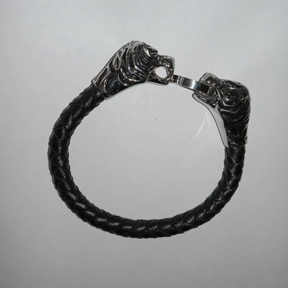 Nordic Style Braided Leather Stainless Steel Tiger Head Bracelet - Picture 4 of 9